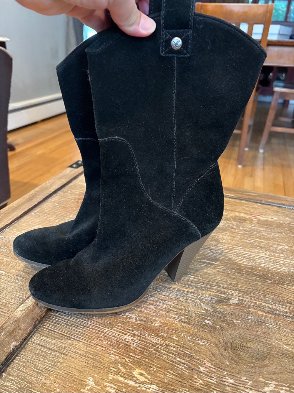 American Eagle Outfitters Black Suede Mid-Heel Western Boots